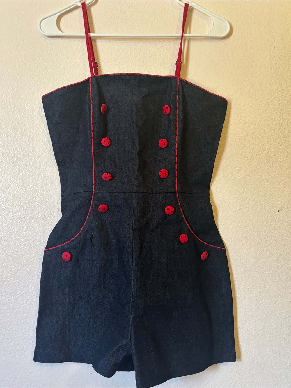 Voodoo Vixen Denim and Red Trim Retro Romper, Size S